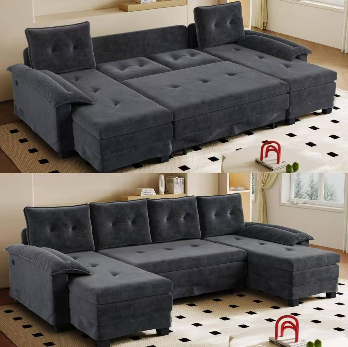 SCHLAFSOFA aus Chenille 278x127x87 cm Grau mit USB-Anschluss, abnehmbaren Armlehnen und Ausziehfunktion - Grau, Textil (278/87/127cm) - Modfu