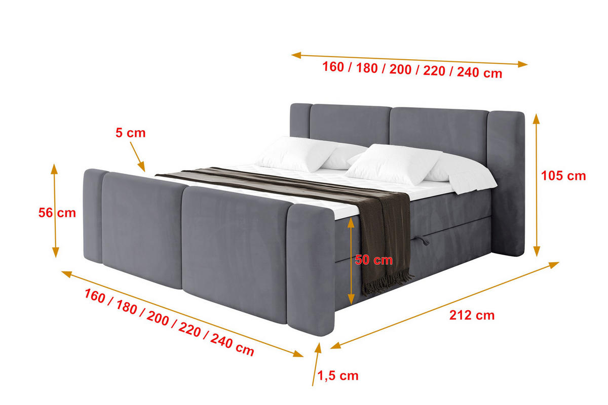 BOXBETT mit Matratze H3 - EVON Zanozek - 140x200 cm Dunkelgrau - Dunkelgrau, Holzwerkstoff (140/200cm) - ALTDECOR