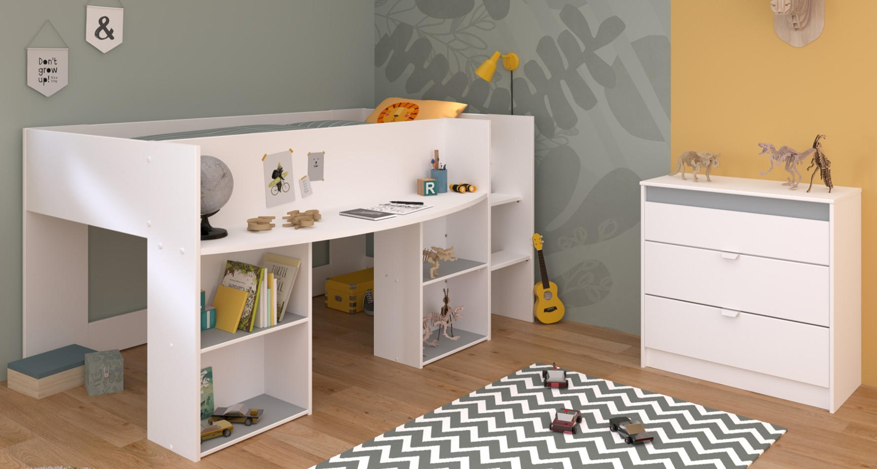 KINDERZIMMER Set 2-tlg. mit Hochbett 90 x 200 cm und Kommode - Weiß/Rosa, Holzwerkstoff/Kunststoff (205/104/132cm) - Parisot Meuble