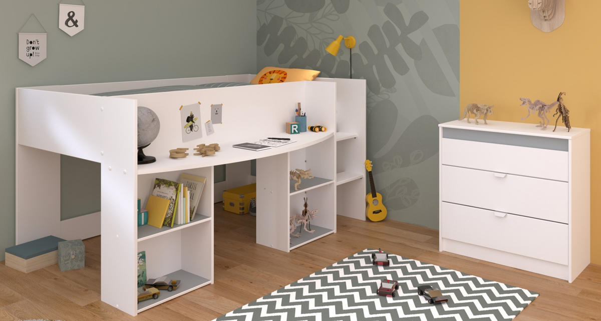 KINDERZIMMER Set 2-tlg. mit Hochbett 90 x 200 cm und Kommode - Weiß/Rosa, Holzwerkstoff/Kunststoff (205/104/132cm) - Parisot Meuble