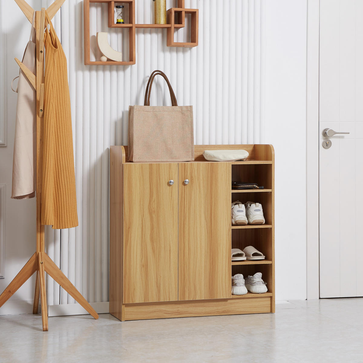 SCHUHSCHRANK DE-15012 4 offene Fächer & Doppelschrank Weiß - Braun, Holzwerkstoff (83/90/30cm) - ComfortXL
