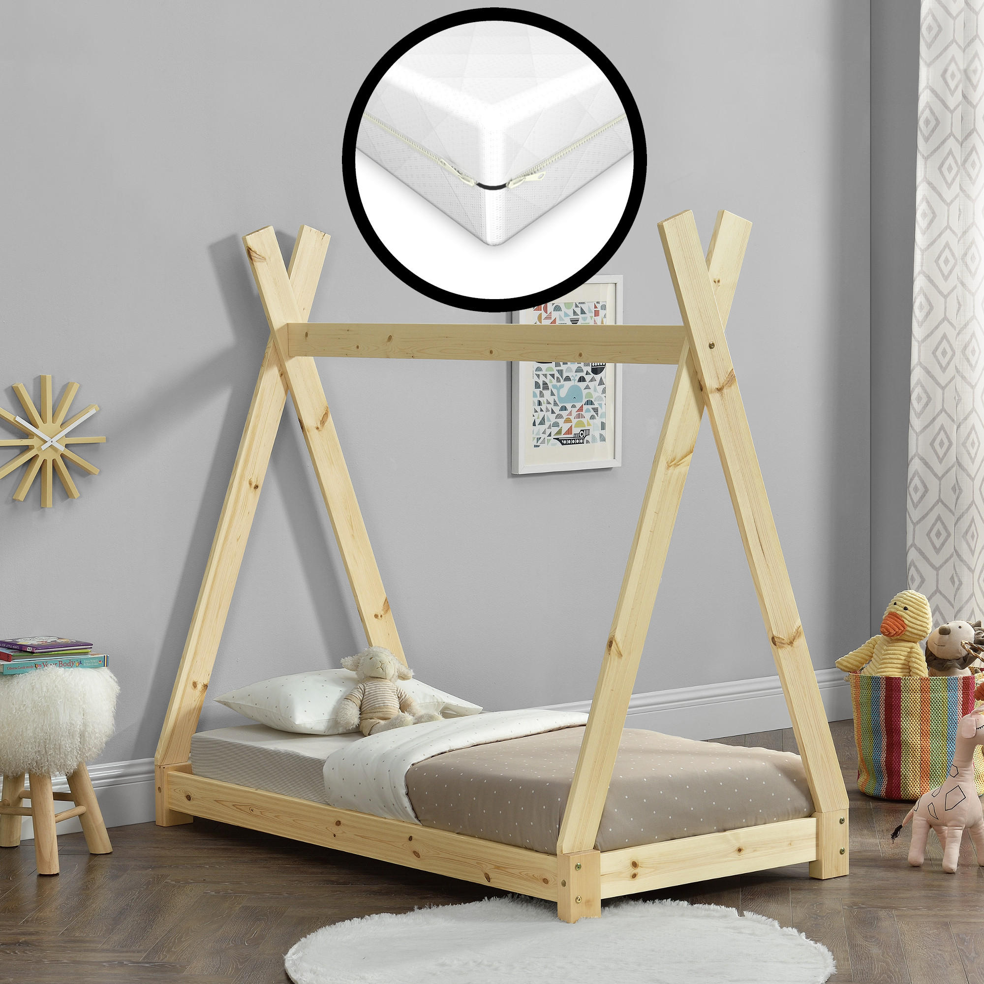 KINDERBETT Onejda mit Matratze - Naturfarben, Holz/Textil (70/140cm) - [en.casa]