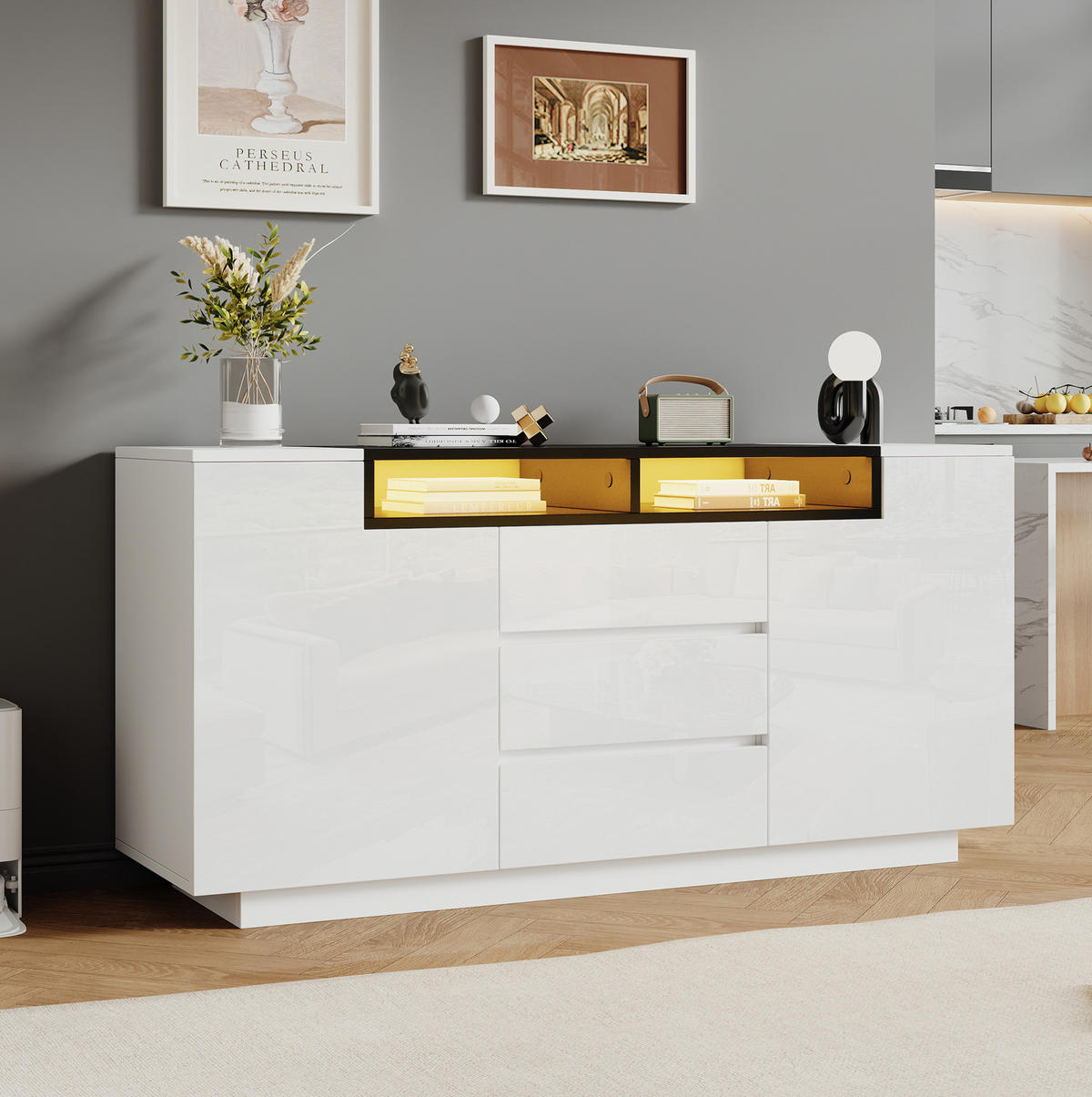 SIDEBOARD 140/40/68 cm Weiß/Schwarz aus Spanplatte mit LED-Beleuchtung - Weiß, Holzwerkstoff (40/68/140cm) - OKMYHOME
