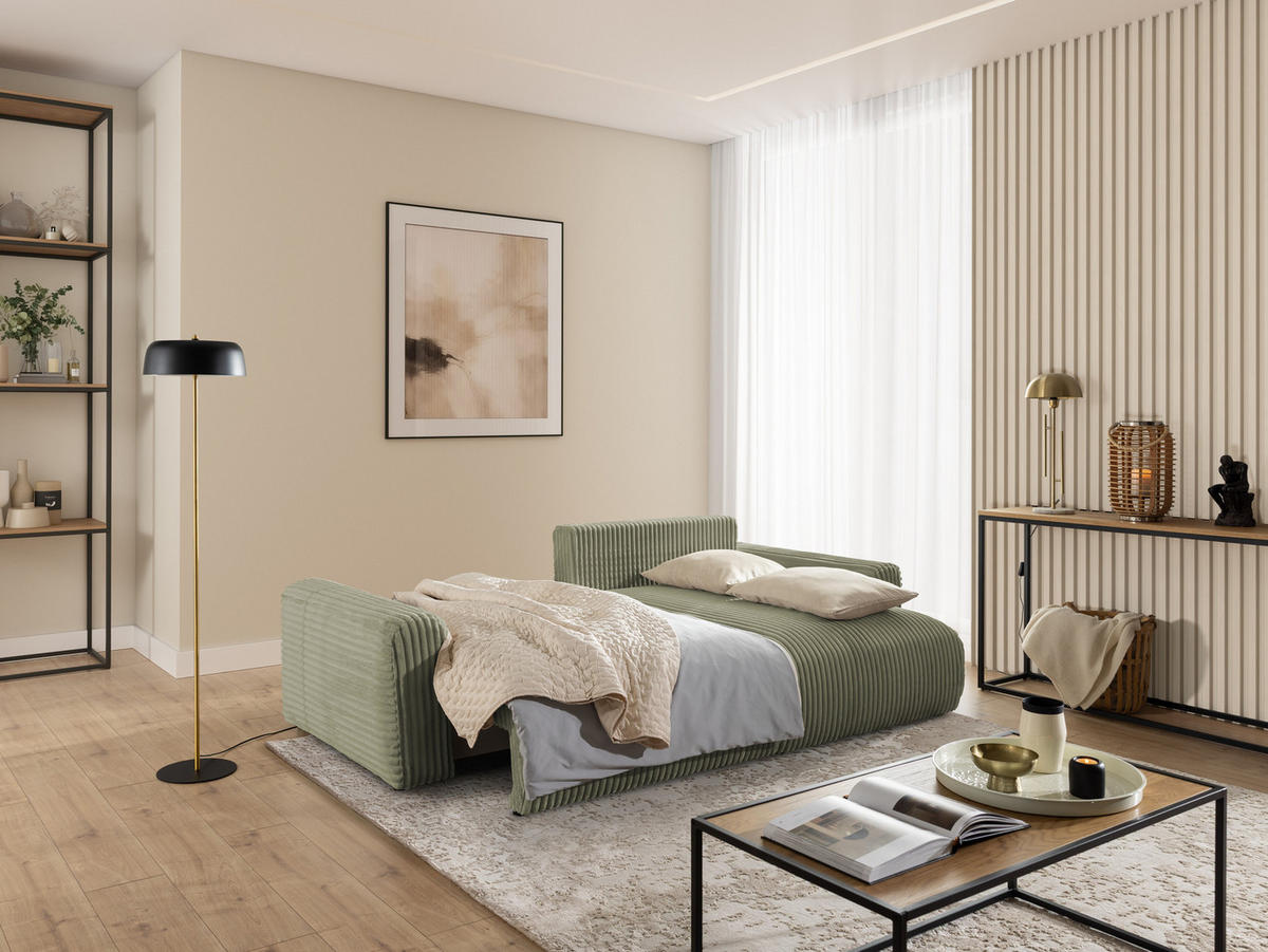 ECKSOFA Calma mit Schlaffunktion und Bettkasten im Bumpy-Design aus weichem Olive Plüschcord - Ottomane rechts - Schwarz/Grün, Holz/Kunststoff (140/239cm) - S-Style