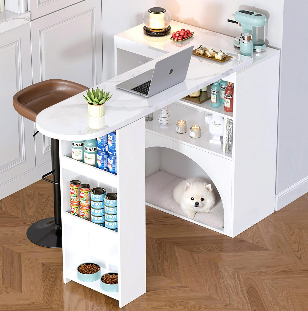 BARTISCH aus MDF 120(+80)x40x100 cm Weiß ausziehbar mit offenem Stauraum und integriertem Haustierbereich - Weiß, Holzwerkstoff (40/120/100cm) - Modfu