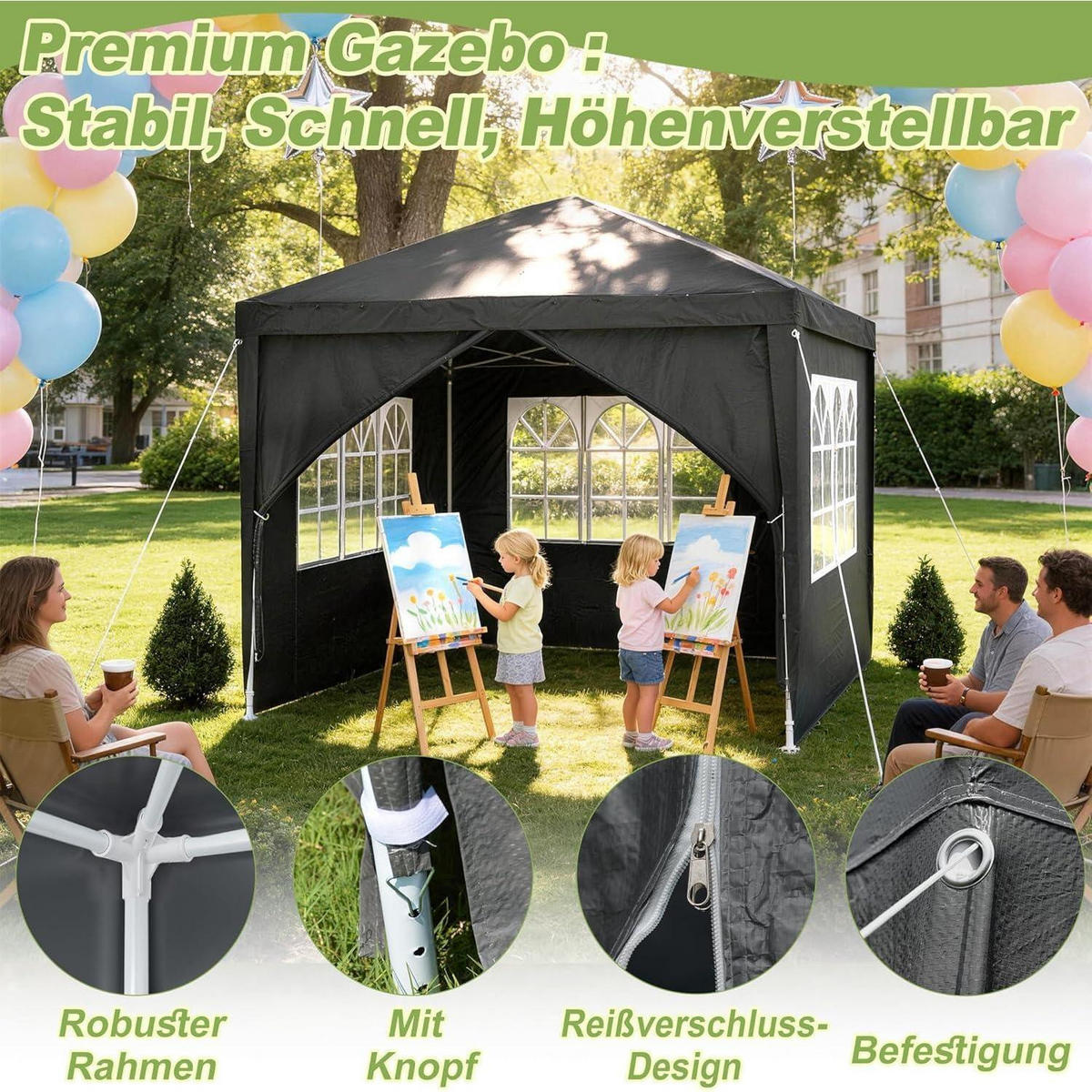 PAVILLON 3x3 m Anthrazit mit Seitenteilen und Fenstern - Anthrazit, Textil (250/300/300cm)