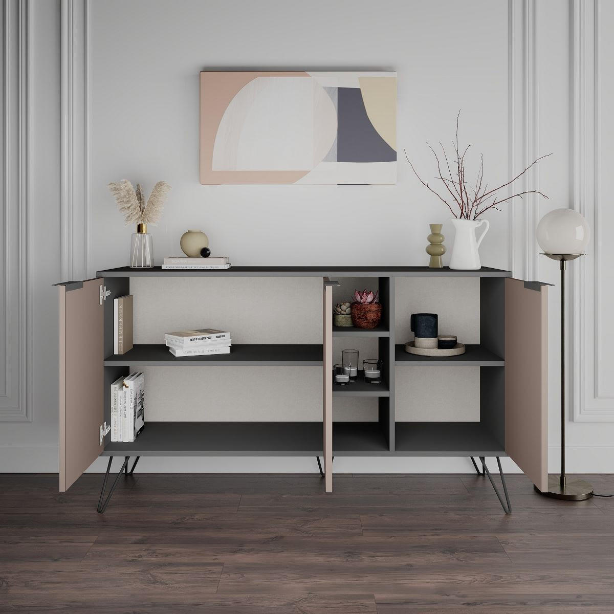 SIDEBOARD 3 Nischen und 3 Türen L142 cm - Clara - Taupe, Holzwerkstoff (35.6/83/142cm) - Calicosy