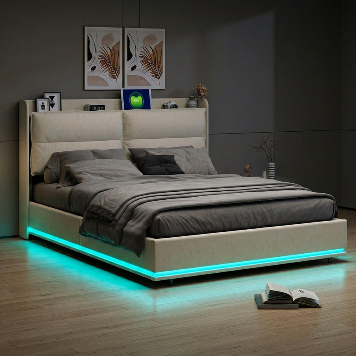 KLÄDD säng 160/200 cm beige med förvaringsutrymme, LED och USB - Beige, Trä - SHOPENTRA