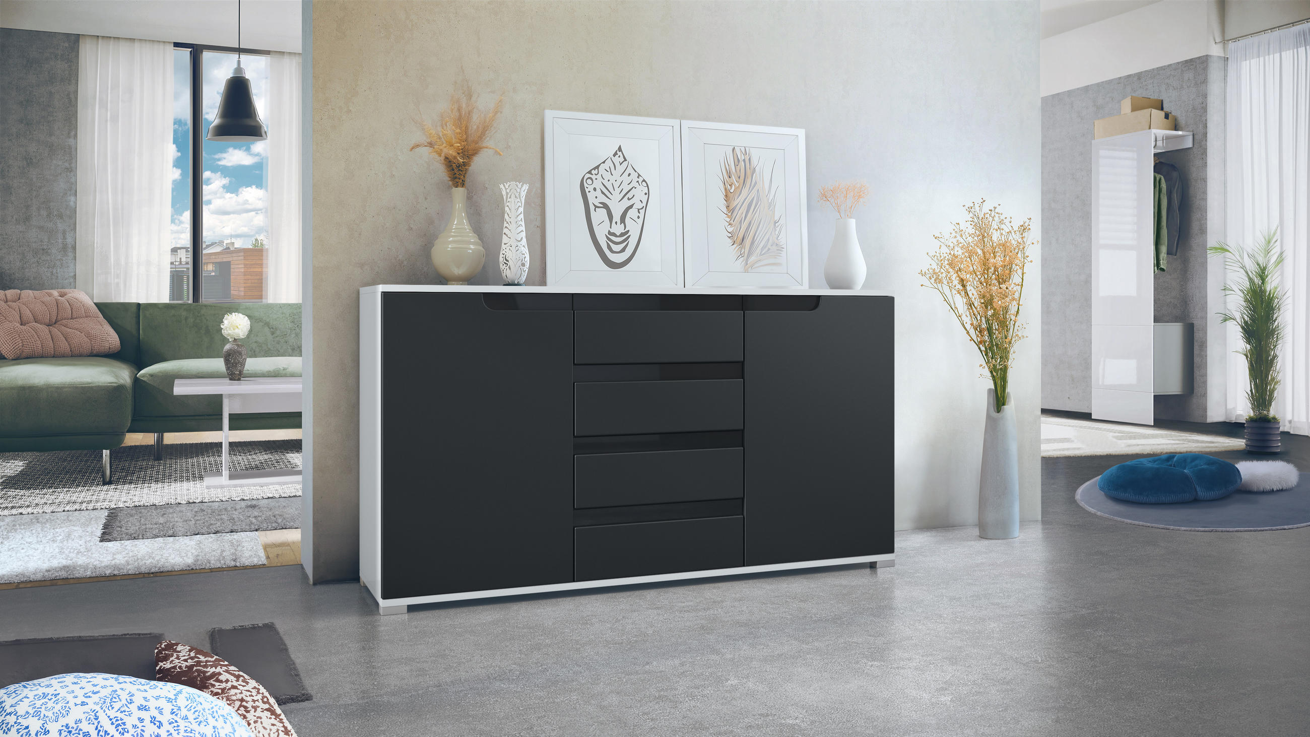 SIDEBOARD Sylt Schwarz matt / Schwarz Hochglanz - Schwarz, Holzwerkstoff (138.5/75.5/35cm) - Vladon