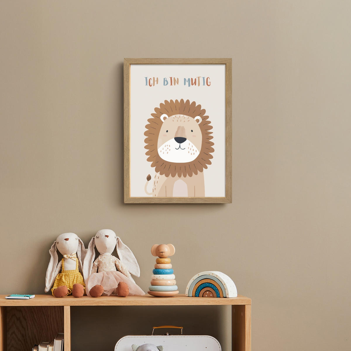 NACHTTISCHLAMPE MIT AKKU Löwe - Beige - Tier - Mutig - Zitat 30x40 cm - Beige, Holzwerkstoff (8/30/40cm) - OnlyWow