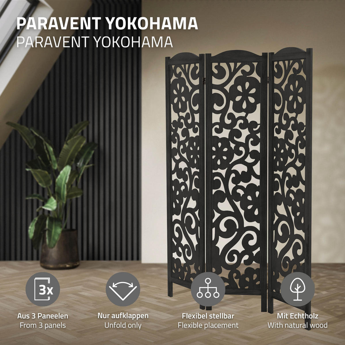 PARAVENT 3dílný Yokohama 172 x 121 cm, černý, ze dřeva - černá, dřevo (121/172/2cm) - ML-DESIGN