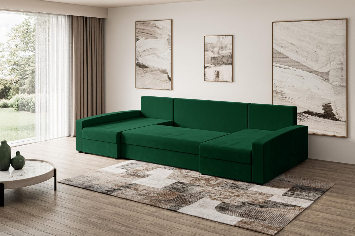 WOHNLANDSCHAFT mit Schlaffunktion und Bettkasten ALESIA-U 301x140x90 cm Grün Velours - Silberfarben/Grün, Holzwerkstoff/Kunststoff (301/90/140cm) - ALTDECOR