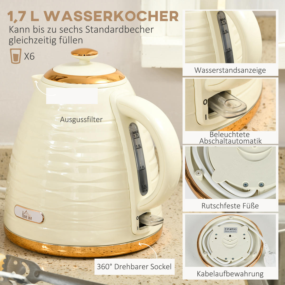 WASSERKOCHER-TOASTER-SET mit 1,7 L Wasserkocher, 4 Scheiben-Toaster, Beige - Beige, Kunststoff (19.5/23.2/24.1cm) - HOMCOM