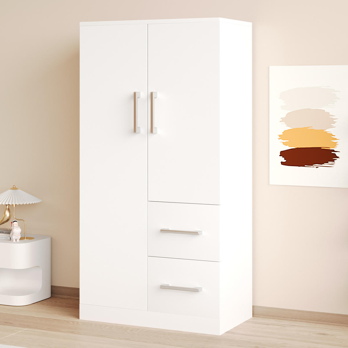 KLEIDERSCHRANK 70/40/135 cm Weiß/Naturholz aus Holz mit Doppeltüren und 2 Schubladen - Weiß, Holz (70/135/40cm) - OKWISH