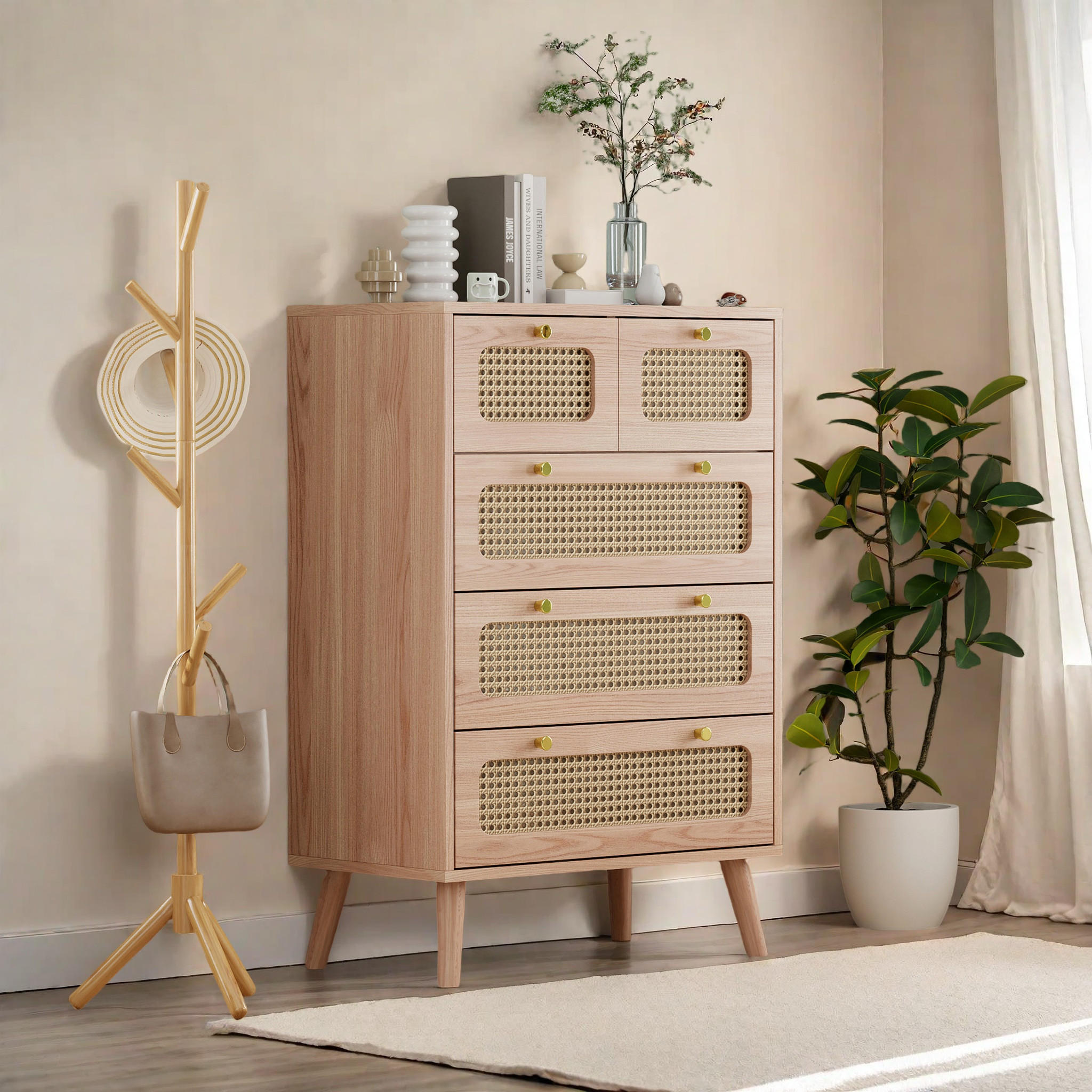 KOMMODE mit 5 Schubladen, Massivholzbeinen, Modernes Design, Braun - Braun, Holz (34/91/60cm)