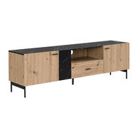 TV-MÖBEL mit 2 Türen, 1 Schublade & 1 Ablagefach - MDF & Metall - Holzfarben hell & Marmor-Optik Schwarz - LIOMENA - Schwarz, Holz (180/55/40cm) - Vente-Unique