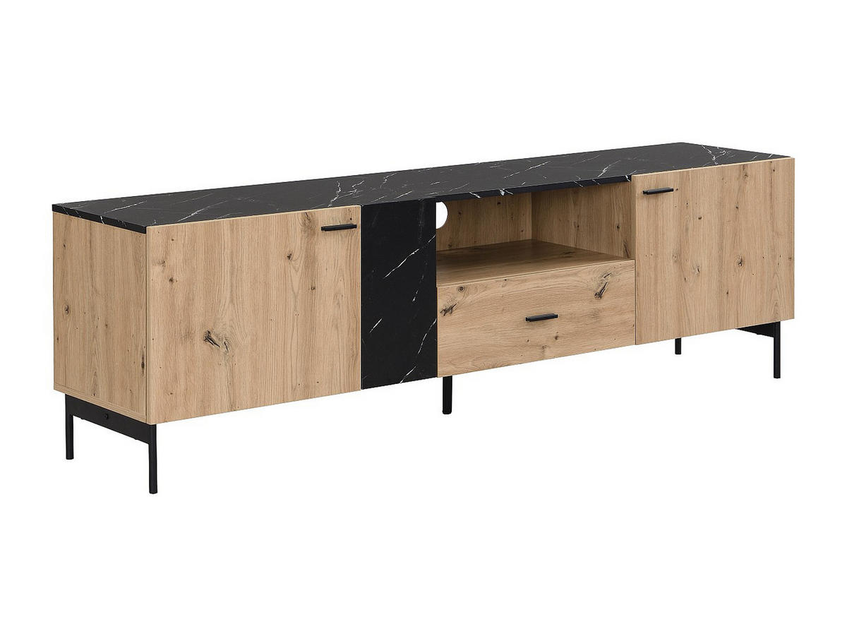 TV-MÖBEL mit 2 Türen, 1 Schublade & 1 Ablagefach - MDF & Metall - Holzfarben hell & Marmor-Optik Schwarz - LIOMENA - Schwarz, Holz (180/55/40cm) - Vente-Unique