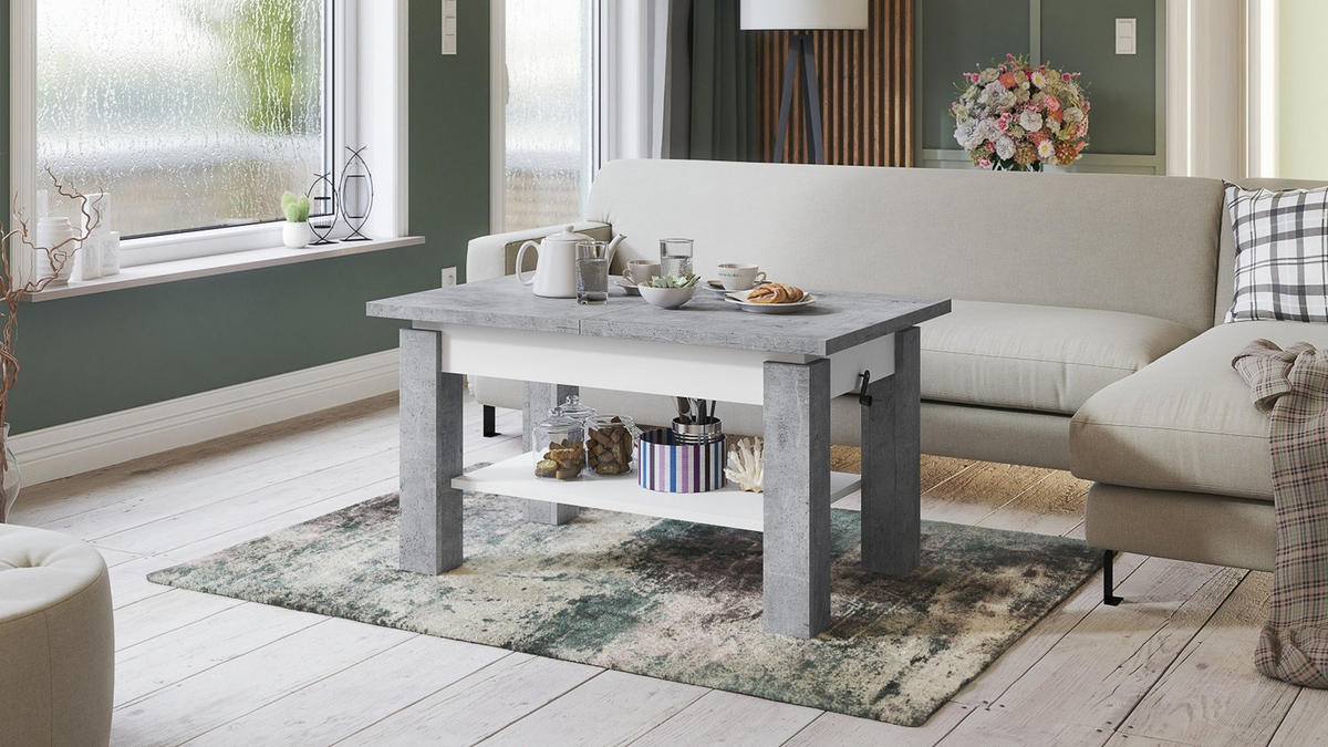 COUCHTISCH rechteckig Beton - Weiß ausziehbar höhenverstellbar - Hellgrau/Weiß, Holzwerkstoff (68/110/59cm) - designimpex