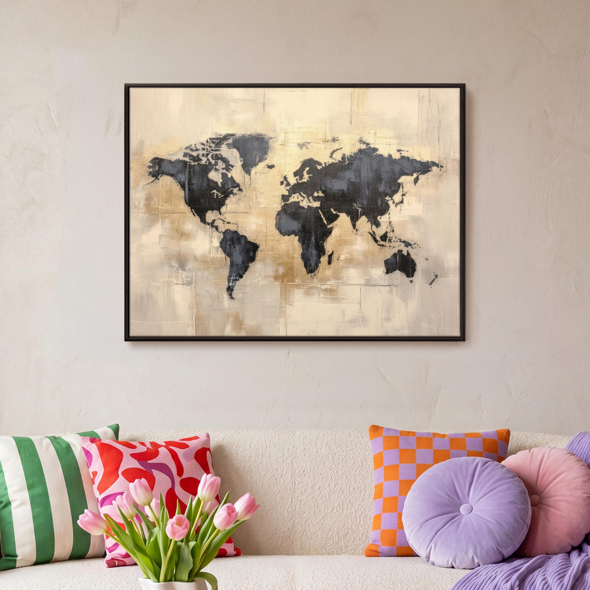 LEINWAND Bilder mit Rahmen - Weltkarte - Gold - Schwarz - Abstrakt - 70x50 - Kupferfarben, Textil (70/50cm) - MuchoWow