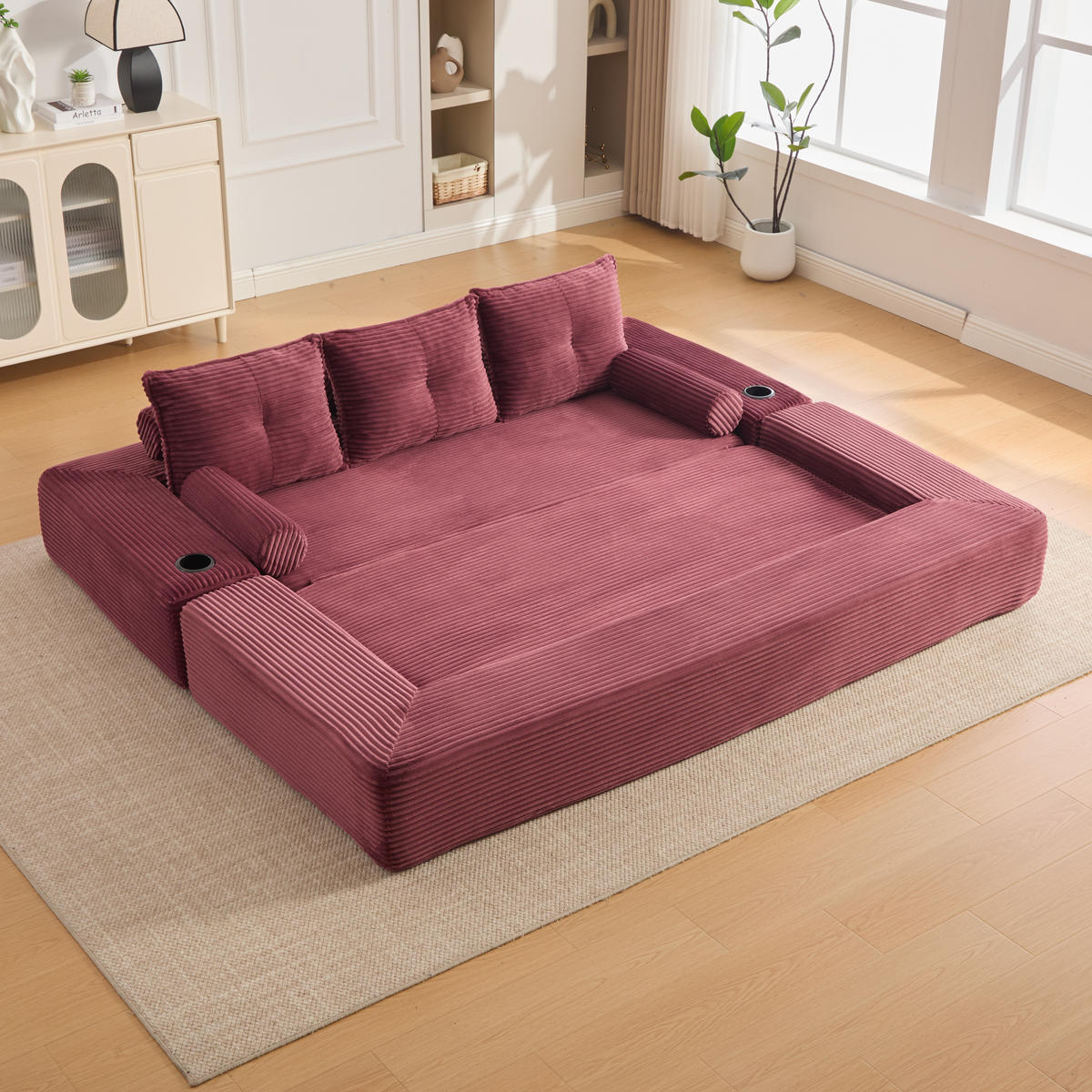SCHLAFSOFA, 2-in-1 Klappsofa mit Getränkehalter, Modulares Bodensofa Cordstoff, Weinrot - Weinrot, Textil (232/80/98cm) - LVHOM