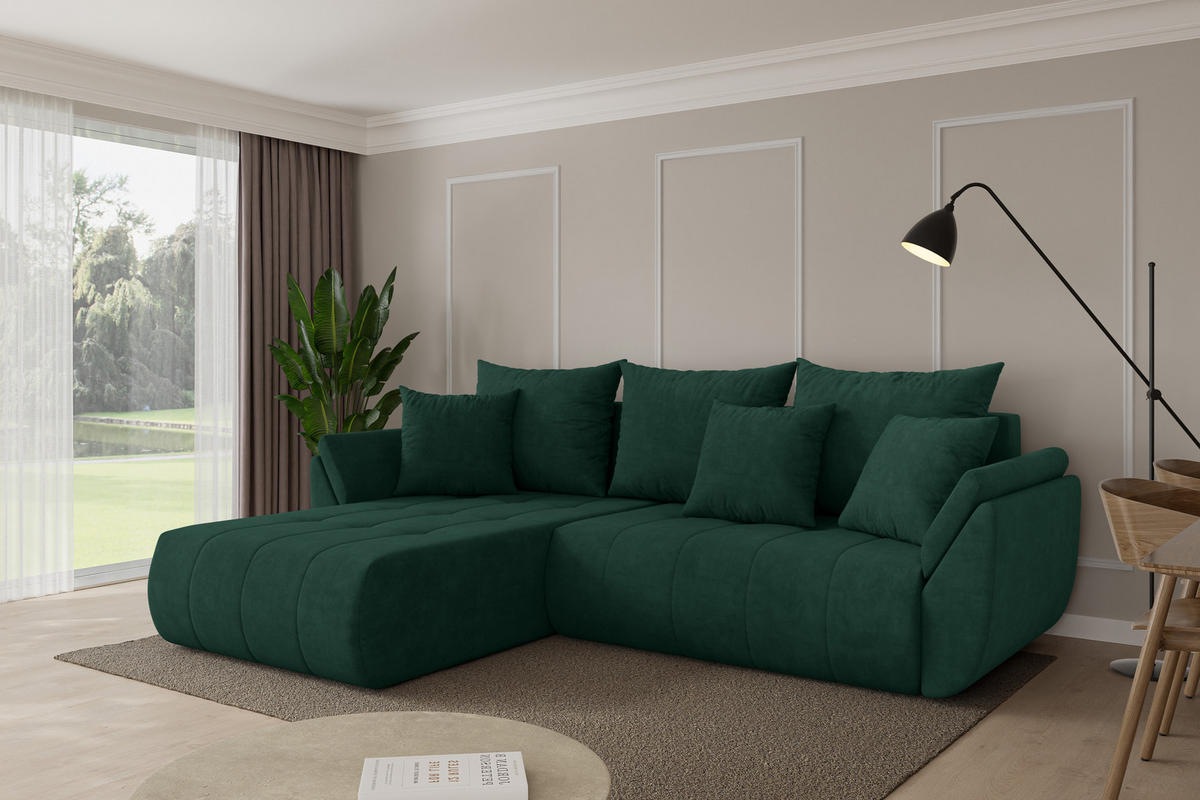ROHOVÁ SEDAČKA s funkcí spaní, otoman vlevo TOKO-L 277x194x86 zelená velur - černá/zelená barva, kompozitní dřevo/textil (277/194cm) - ALTDECOR
