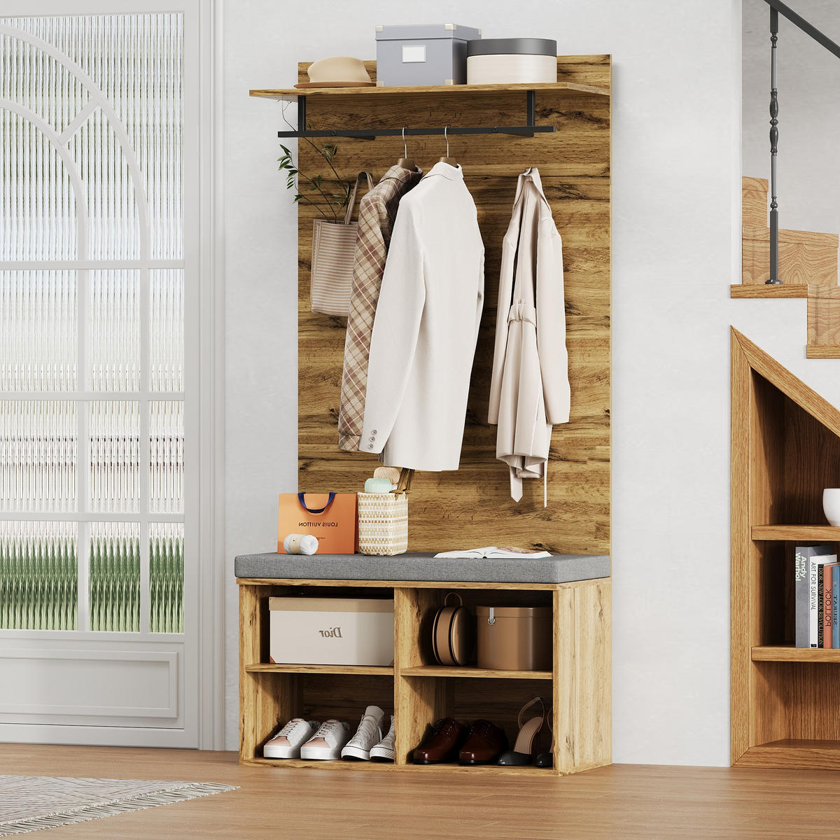 GARDEROBE Set Holzoptik Schuhbank Kleiderstange Regal 175cm - Eichefarben, Holzwerkstoff (84/175/37cm) - FLIEKS