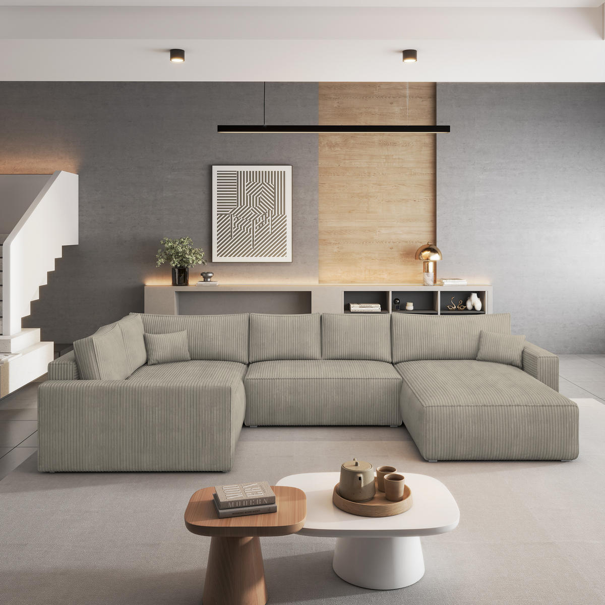 ROHOVÁ SEDAČKA VELAMI béžová - šedá/béžová, dřevo/textil (365/194cm) - MASSENO