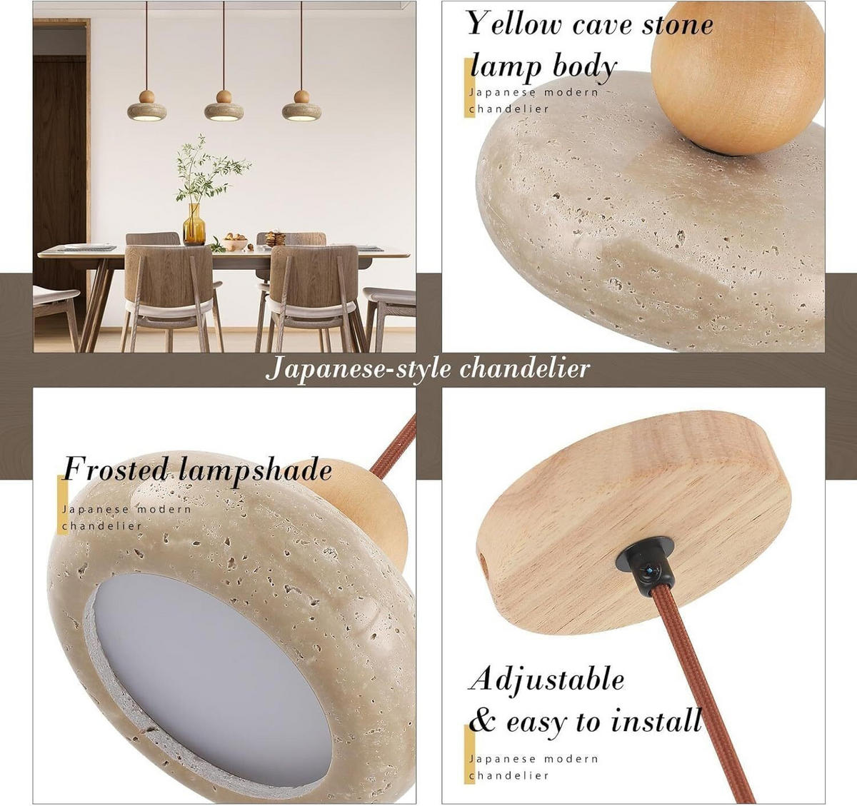 PENDELLEUCHTE Travertin Gelb LED & Holz, Höhenverstellbar - Gelb, Stein (10/15/15cm) - Authentics