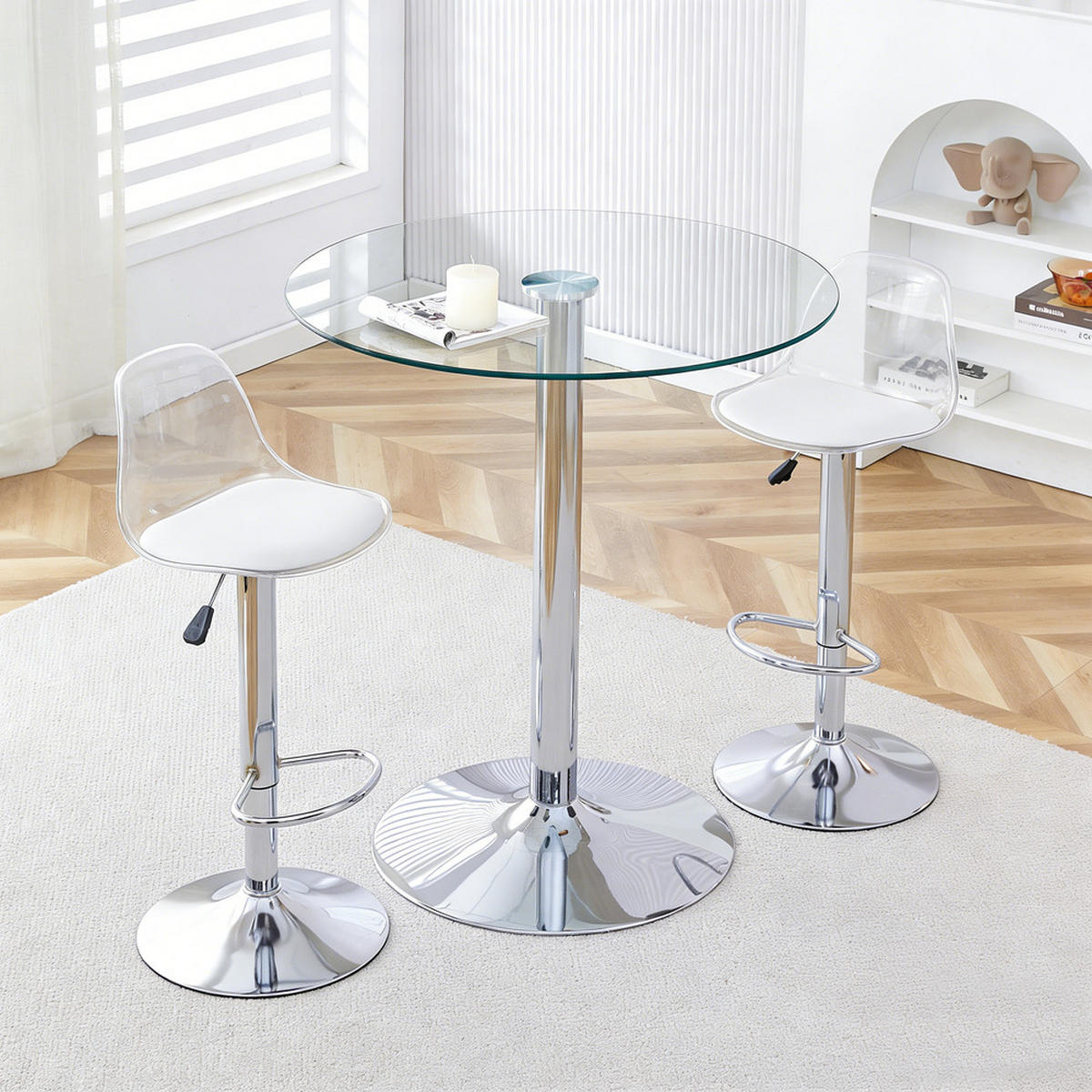 TISCHGRUPPE 3-tlg Glastisch 89 cm mit 2 Hocker Silber Höhenverstellbar - Silberfarben, Glas/Metall (49.5/50/51cm) - Raelunyi