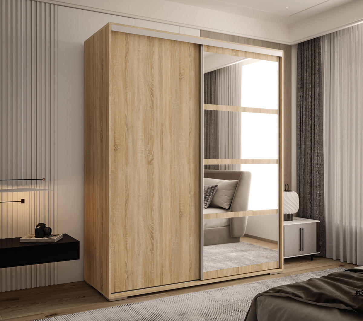 SCHIEBETÜRENSCHRANK GENUA 180, 2-türig Kleiderschrank mit 1 Spiegel, Moderne Garderobe, Schrank in Größe: 180 x 217 x 66 cm - Braun, Holzwerkstoff (180/217/66cm) - O-Sofa