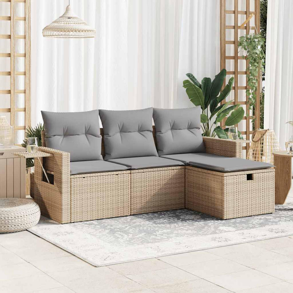 GARTEN-SOFAGARNITUR 4-TLG. Mit Kissen Beige Poly Rattan - Beige/Hellgrau, Kunststoff - vidaXL