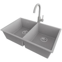 GRANITSPÜLE London Slim Twin, 2-er set Grau 76/47 cm 2 Becken + Küchenarmatur 32/20 cm + Ablauf-Set ab 80er Unterschrank - Chromfarben/Grau, Kunststoff (76/20/47cm) - Primagran