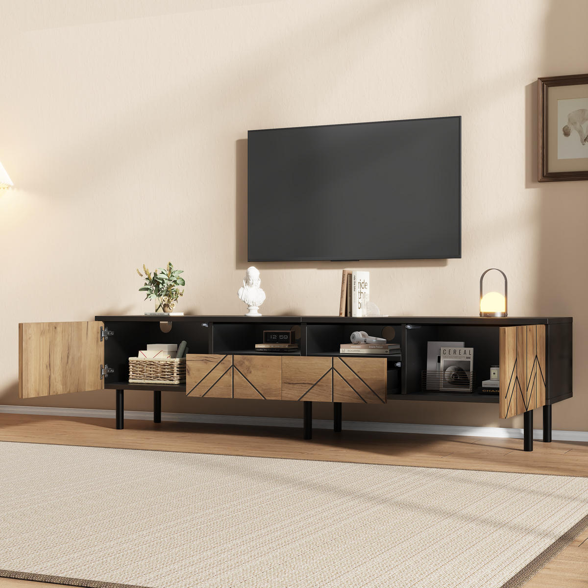 TV-SCHRANK 180cm Schubladen Türen Schwarz Holzoptik Lowboard - Multicolor, Holzwerkstoff (180/45/40cm) - FLIEKS