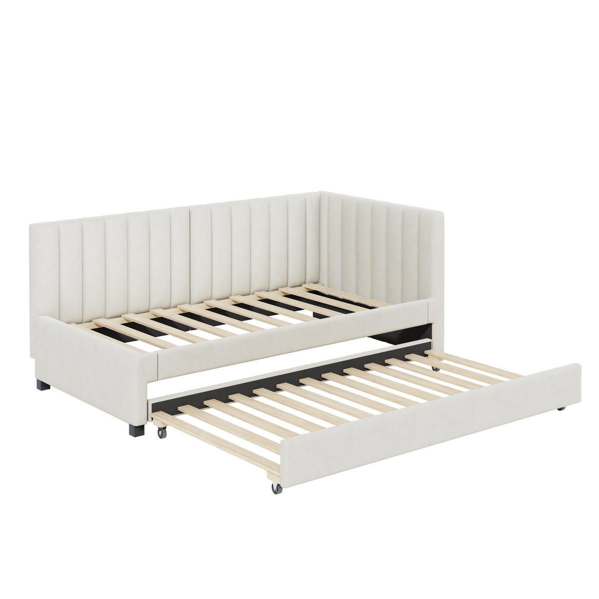 BETT aus Samtstoff 90x200 cm Beige mit Ausziehbett, Lattenrost und gepolstertem Kopfteil - Beige, Leder (140/200cm) - Modfu