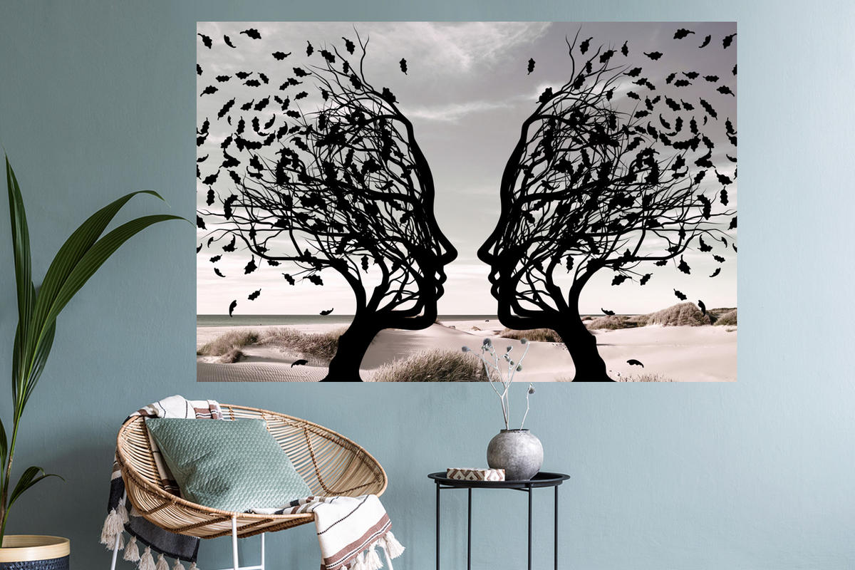 WANDTATTOO Strand - Meer - Menschen - Baum - Moderne Kunst 120x80 cm - Hellgrau, Kunststoff (120/80/0.1cm) - MuchoWow
