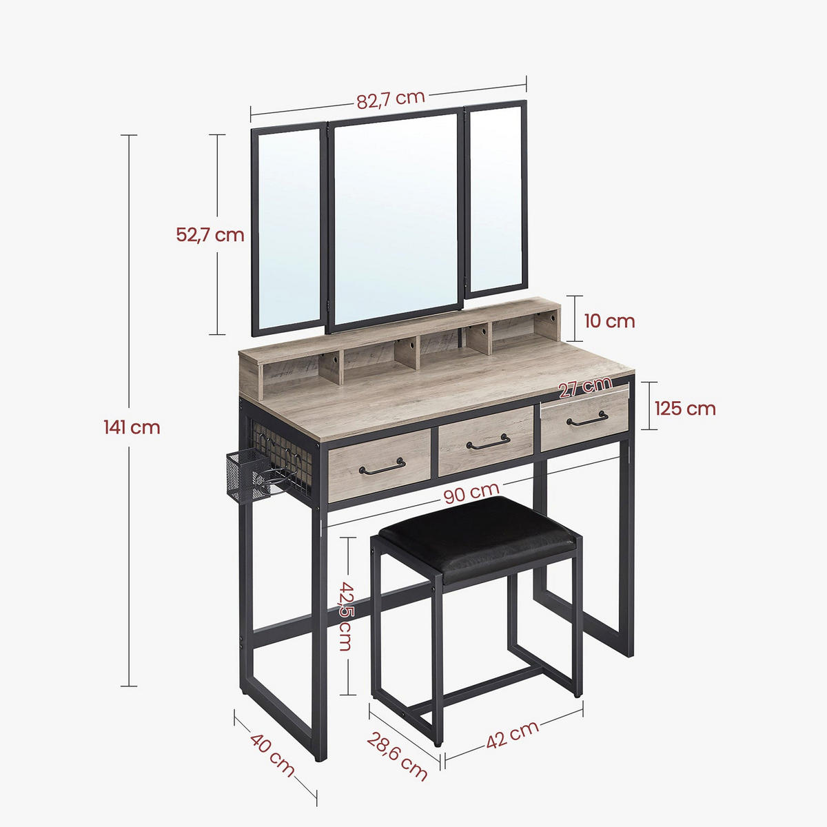 SCHMINKTISCH MIT HOCKER - Schwarz, Holzwerkstoff (40/141/90cm) - Hansiro