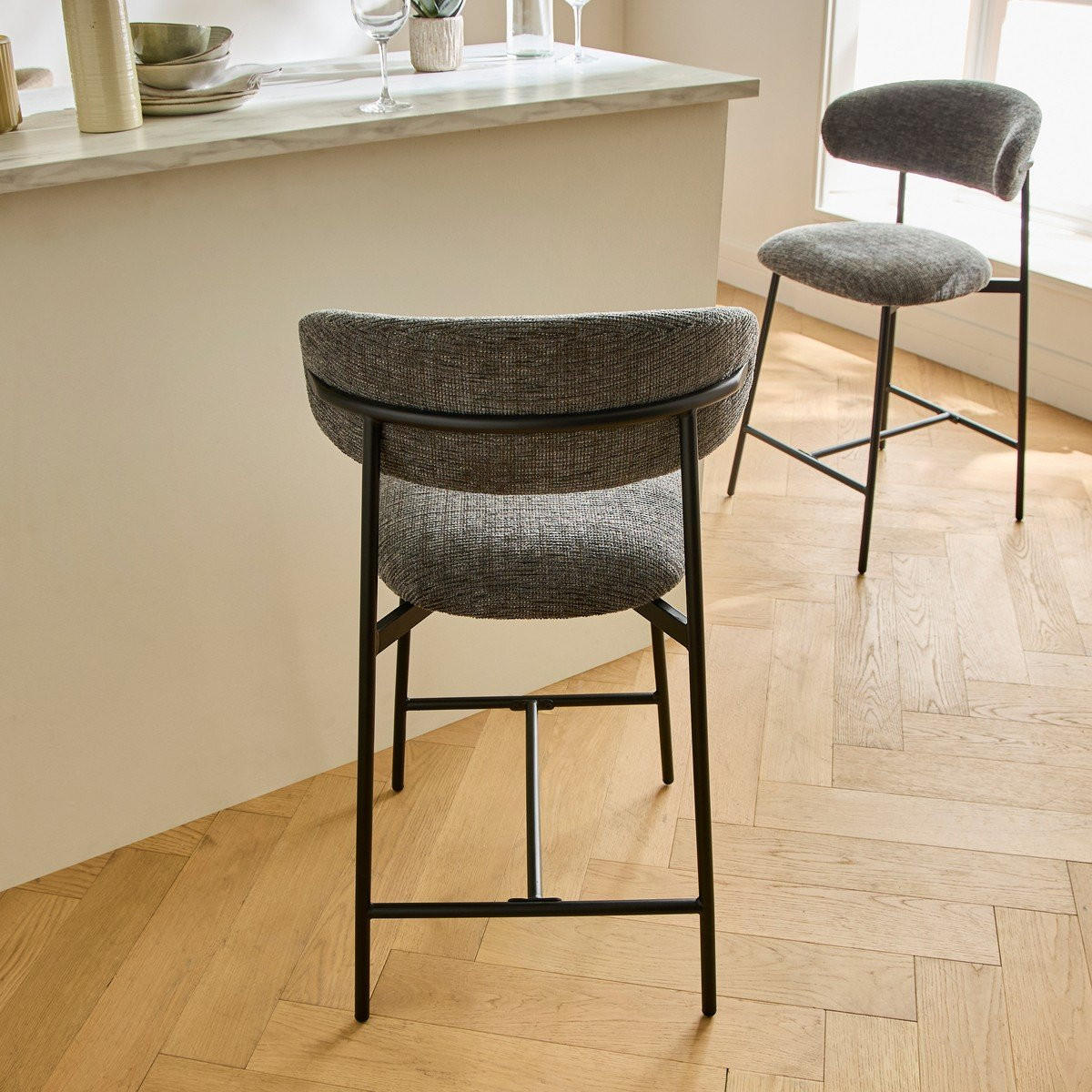 SET med 2 pallar i melerat tyg och metallben - DRACO - Grå, Träbaserade material (46/94/51cm) - Calicosy