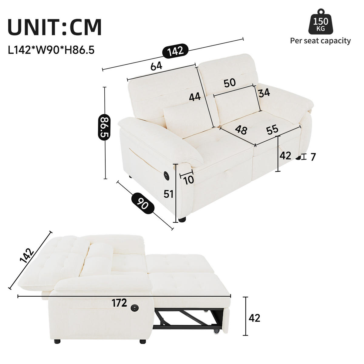 SCHLAFSOFA DE-33203 3-in-1 ausziehbar mit USB und Type-C Beige - Beige, Metall (142/86.5/90cm) - ComfortXL