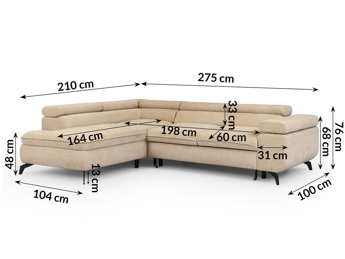 ECKSOFA mit Schlaffunktion und Bettkasten Bonnie aus Taupe Chenille-Stoff mit verstellbaren Kopfstützen und Armlehne - Ottomane links - Taupe/Schwarz, Holz/Textil (275/210cm) - S-Style Möbel