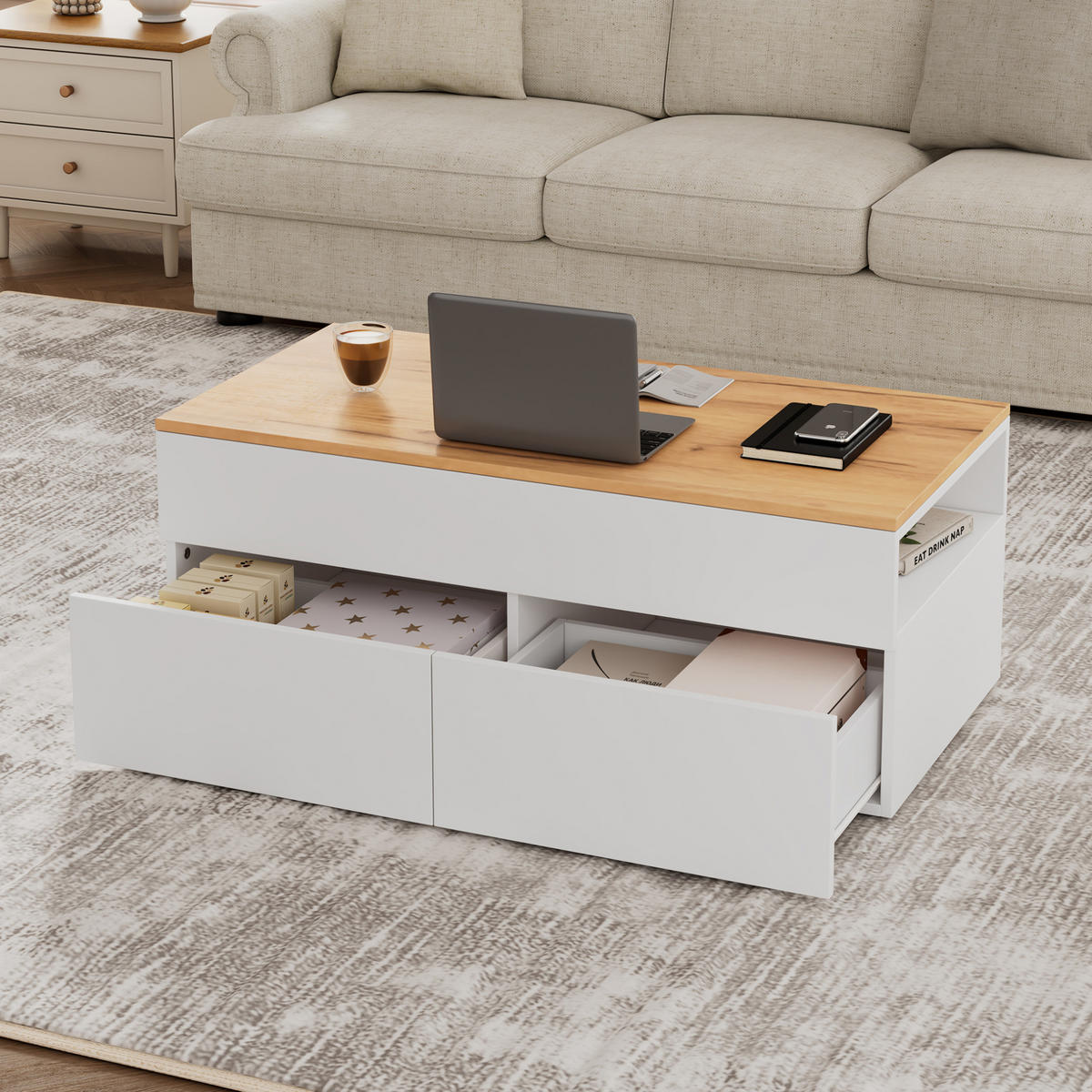 COUCHTISCH höhenverstellbar 100 x 50 cm Weiß Holzoptik - Weiß, Holzwerkstoff (100/50/40cm) - Meubliv