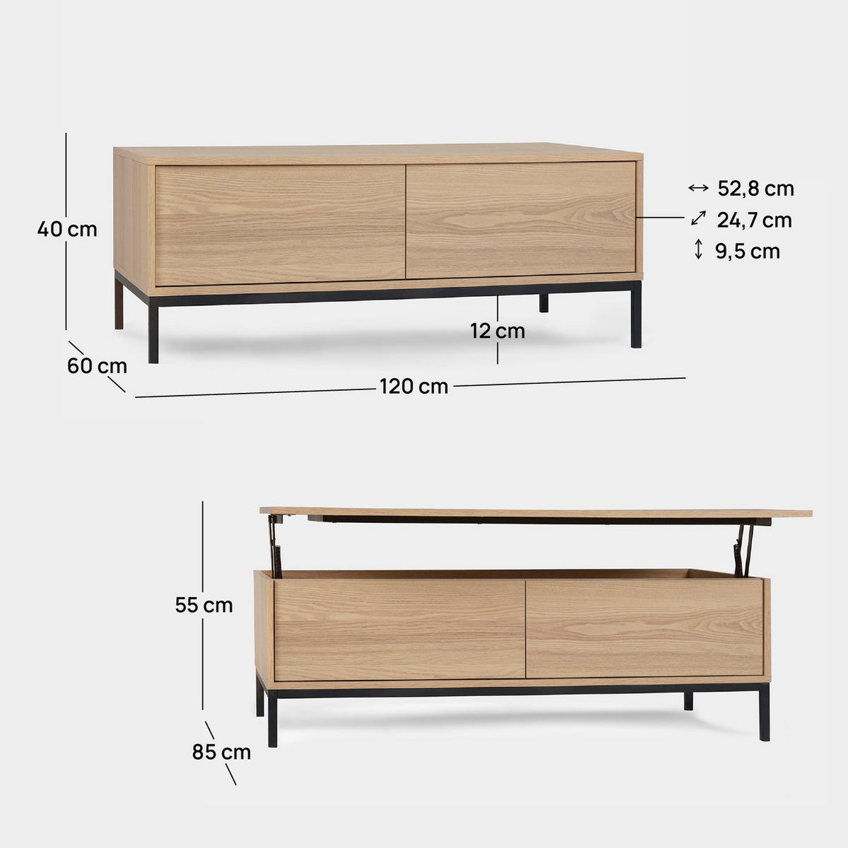 COUCHTISCH FESTER Remi Schwarz 120 cm x 40-55 cm - Schwarz, Holzwerkstoff (60/120/40cm) - Klast Home