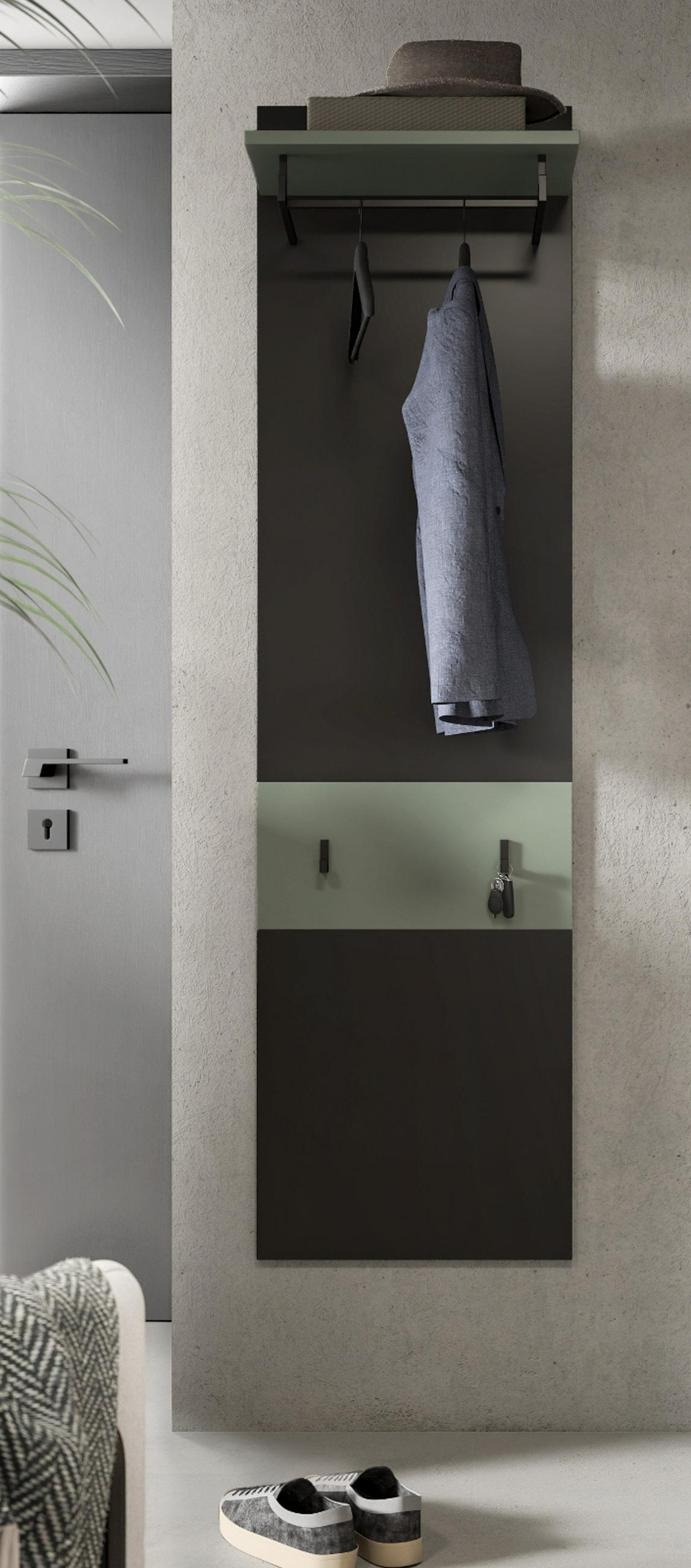 GARDEROBENPANEEL Grau und Salbei, Wandgarderobe 45 x 165 cm, Cooper - Dunkelgrau/Salbeigrün, Holzwerkstoff (45/165/29cm) - Inn.Furn