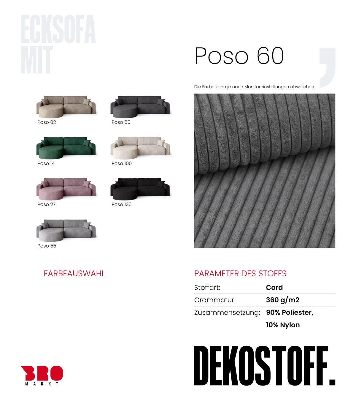ECKSOFA Bisk mit Schlaffunktion Grau Cordstoff - Grau, Textil (275/170cm) - Bromarkt