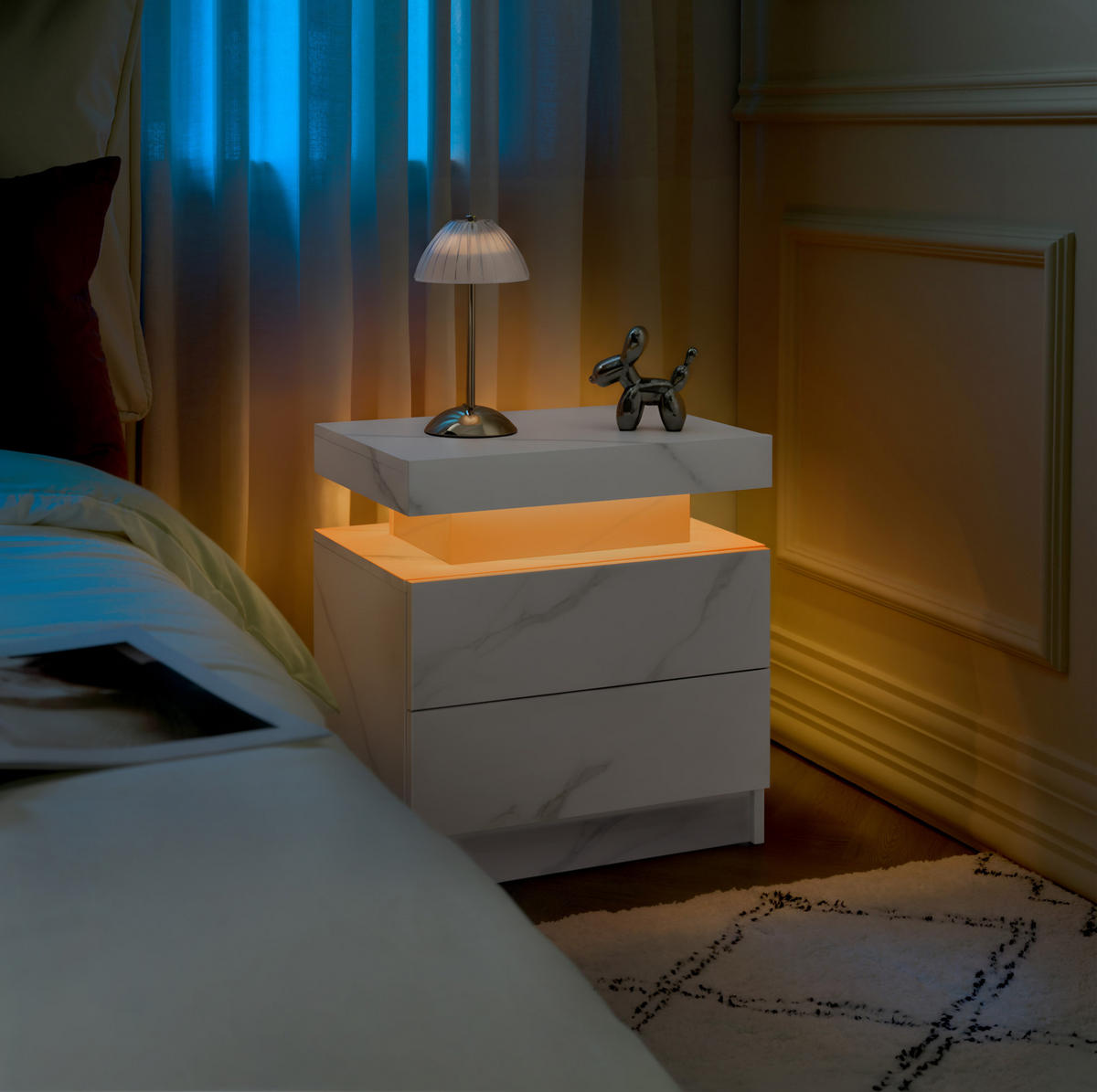NACHTTISCH in Mattweiß mit LED-Beleuchtung und 2 Schubladen,50/53/36 cm - Weiß, Holzwerkstoff (53/36/50cm) - Flora Grace