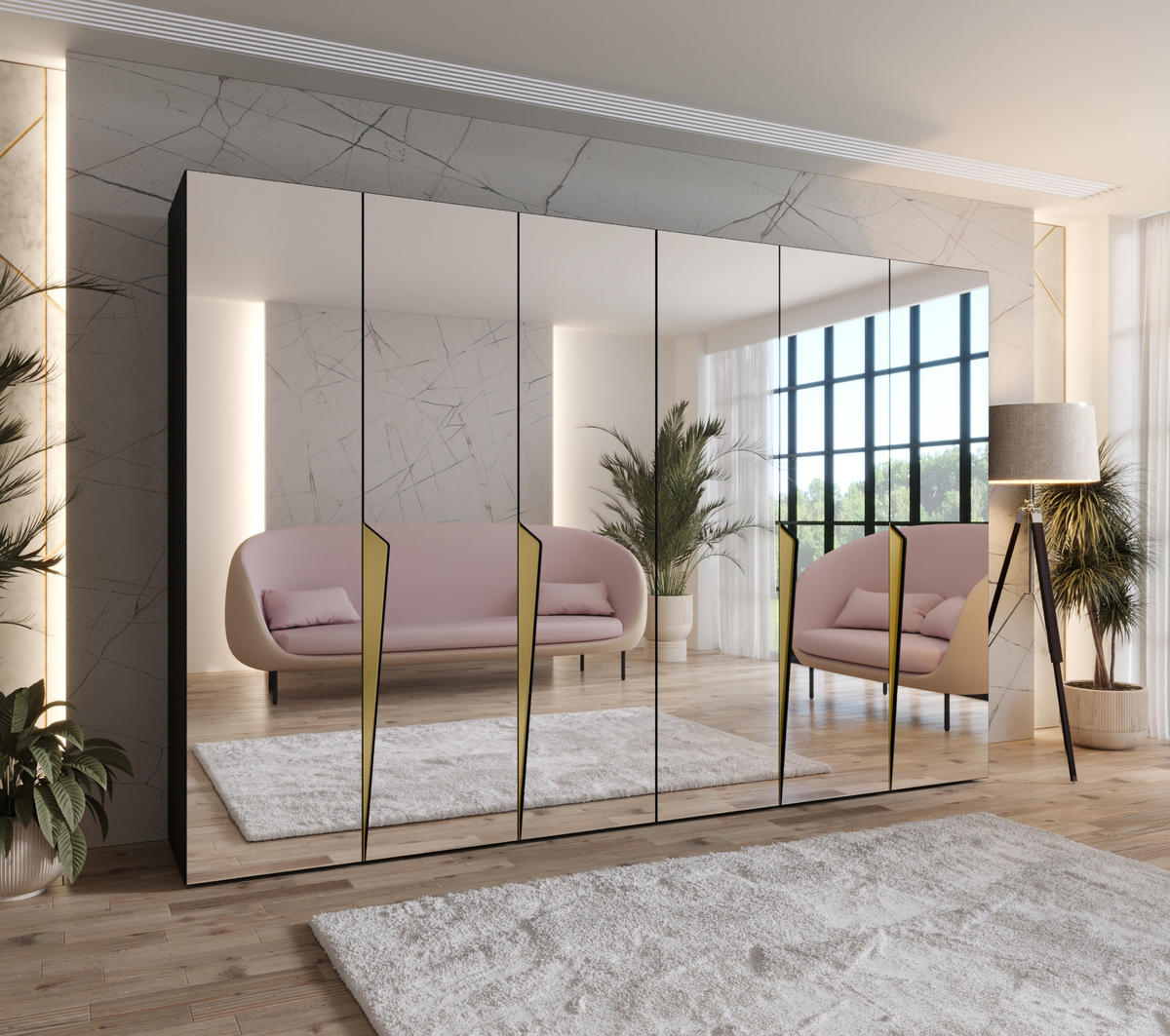 DREHTÜRENSCHRANK 202/300/52 6-türig - Goldfarben/Schwarz, Holz/Metall (300/202/52cm) - Abiks Möbel