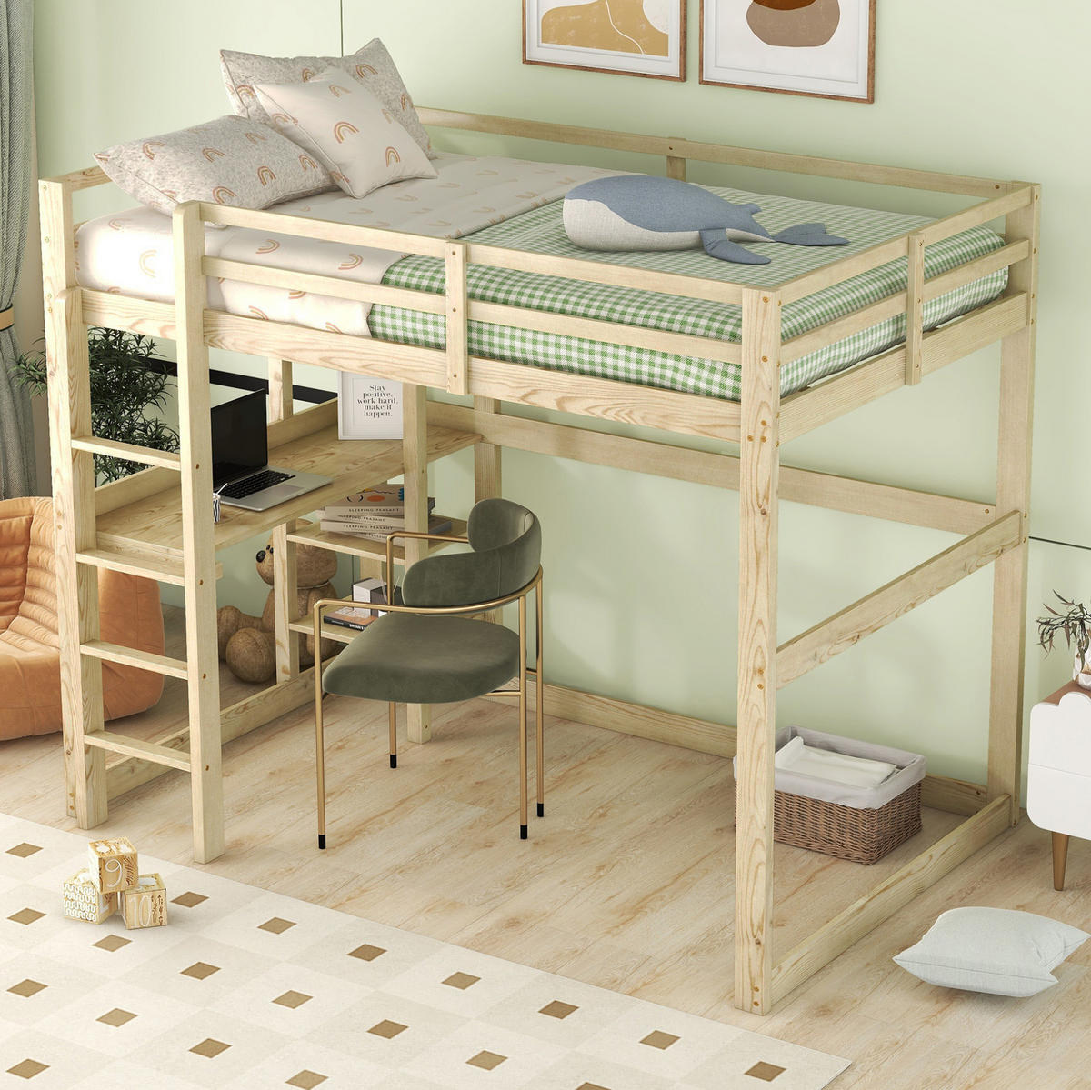 HOCHBETT 140/200 cm Natur aus Kiefernholz mit Schreibtisch und Stauraum - Naturfarben, Holz (140/200cm) - OKMYHOME
