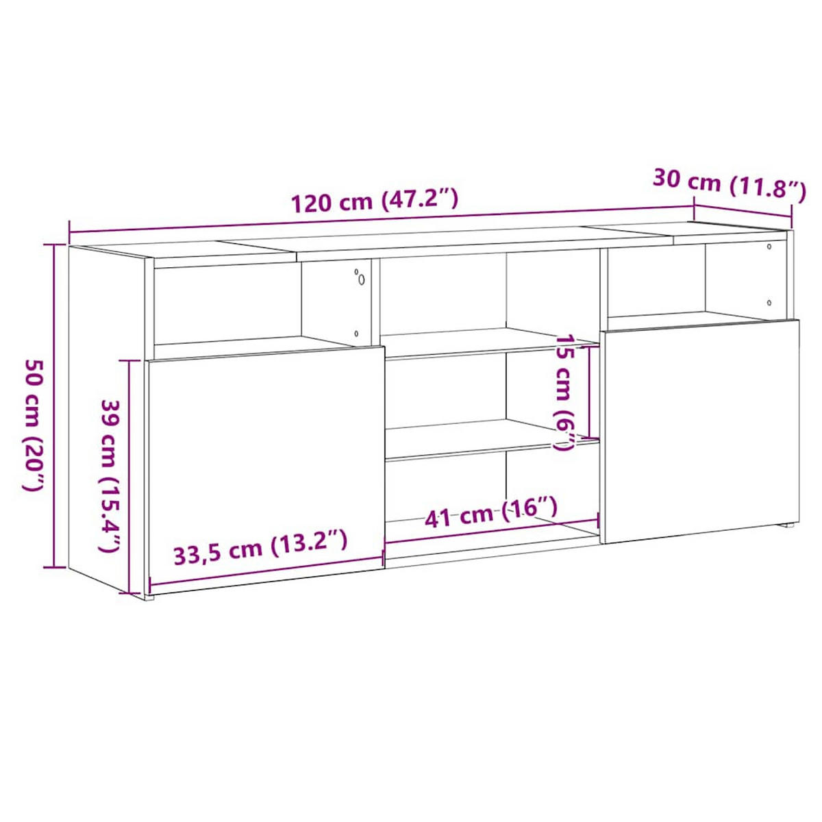 LOWBOARD mit Led-Leuchten 120/30/50 cm aus Holzwerkstoff in Betongrau - Hellgrau, Holz (120/50/30cm) - vidaXL