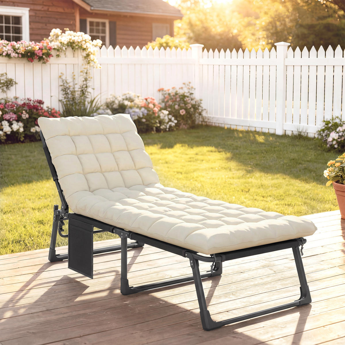 SONNENLIEGE Stahl Netzstoff Cremeweiß - Creme/Schwarz, Textil/Metall (68/34/190cm) - Outsunny