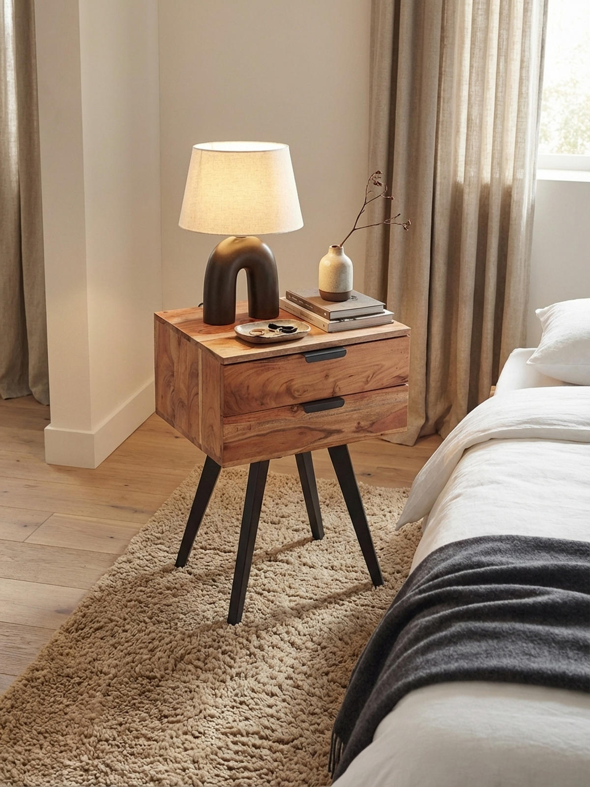 NACHTTISCH – Akazie Massivholz, Industrial-Stil, handmade, braun/grau - Beige/Anthrazit, Holz/Metall (47/65/35cm) - KADIMA DESIGN