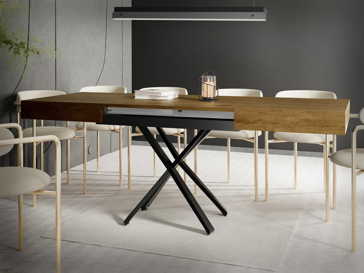 COUCHTISCH Cavetta X höhenverstellbar ausziehbar, Lefkas Eiche 120-200/80/27-76 cm - Alteiche/Schwarz, Holzwerkstoff/Metall (80/200/76cm) - WFL GROUP